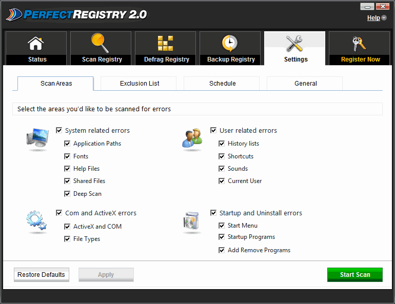 Registry Optimization Settings